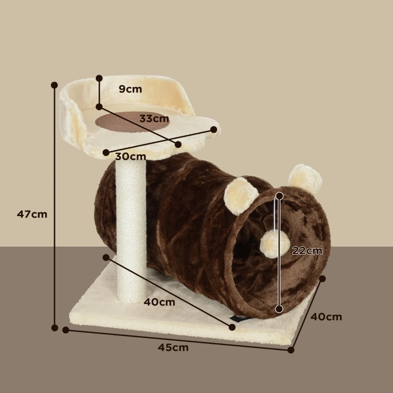 PawHut Arranhador para Gatos com Túnel Cama Plataforma Bola Suspensa e Poste de Juta 45x40x47 cm Marrom Escuro