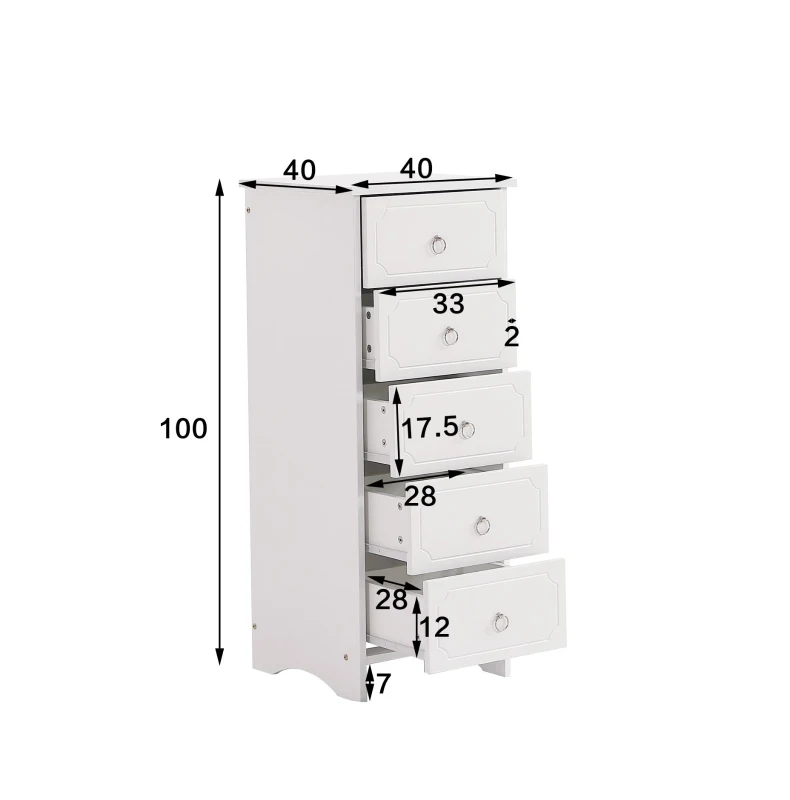 Commode classique avec 5 tiroirs, glissières silencieuses et poignées rondes en métal, MDF + panneau de particules, 40×40×100 cm, Blanc