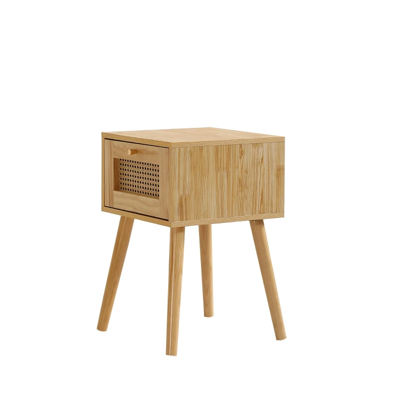Nachttisch Rattan, Klassischer Nachttisch mit Rattan-Schublade, Goldgriff, 38x38x58cm, Natur