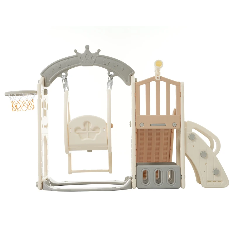 Ensemble de jeu multifonction 5-en-1 pour enfants avec balançoire, toboggan, échelle de grimpe, panier de basket et télescope, 157×145×121 cm, Marron + Blanc Antique