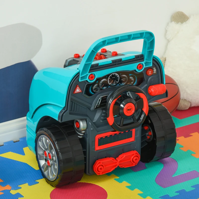 HOMCOM Motor de Caminhão para Crianças acima de 3 Anos Conjunto de Motor de Brinquedo com 61 Peças Volante Buzina Faróis Caixa de Armazenamento e Rodas 40x39x47cm Turquesa