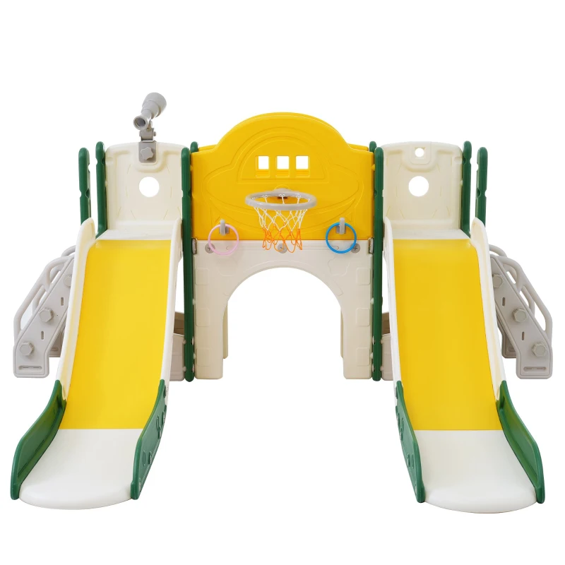 Toboggan pour enfants 8-en-1, jouet d'escalade multifonction avec 2 toboggans, échelle d'escalade, panier de basket, jeu de lasso, jumelles,  200×165×95 cm, Vert Antique