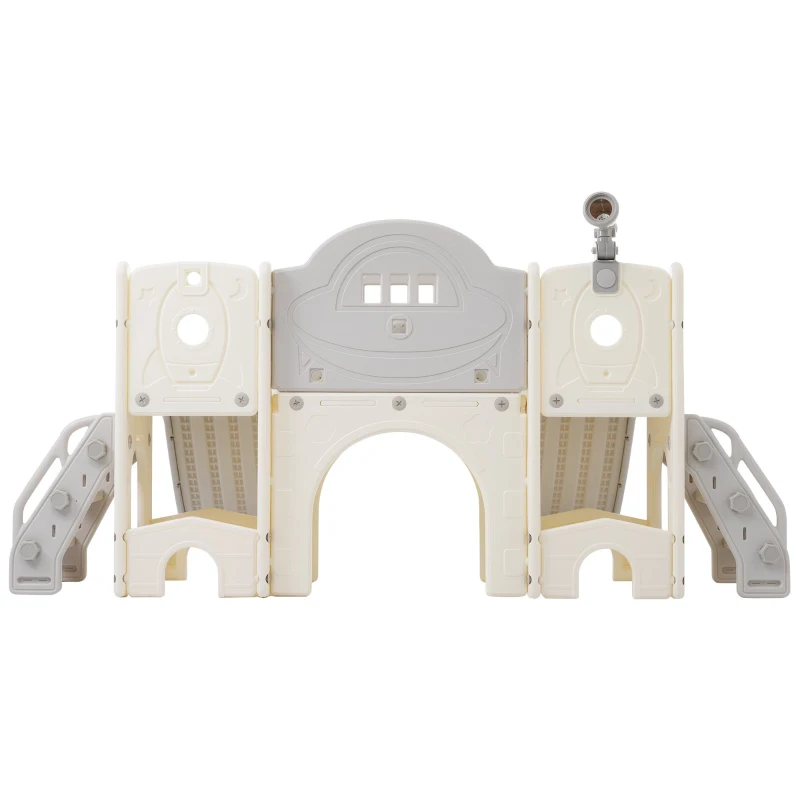 8-in-1 Scivolo per Bambini, Gioco da Arrampicata Multifunzionale con 2 Scivoli, Scala da Arrampicata, Canestro da Basket, Gioco del Lazo, Binocolo, Armadietti, 200×165×95 cm,Grigio antico bianco