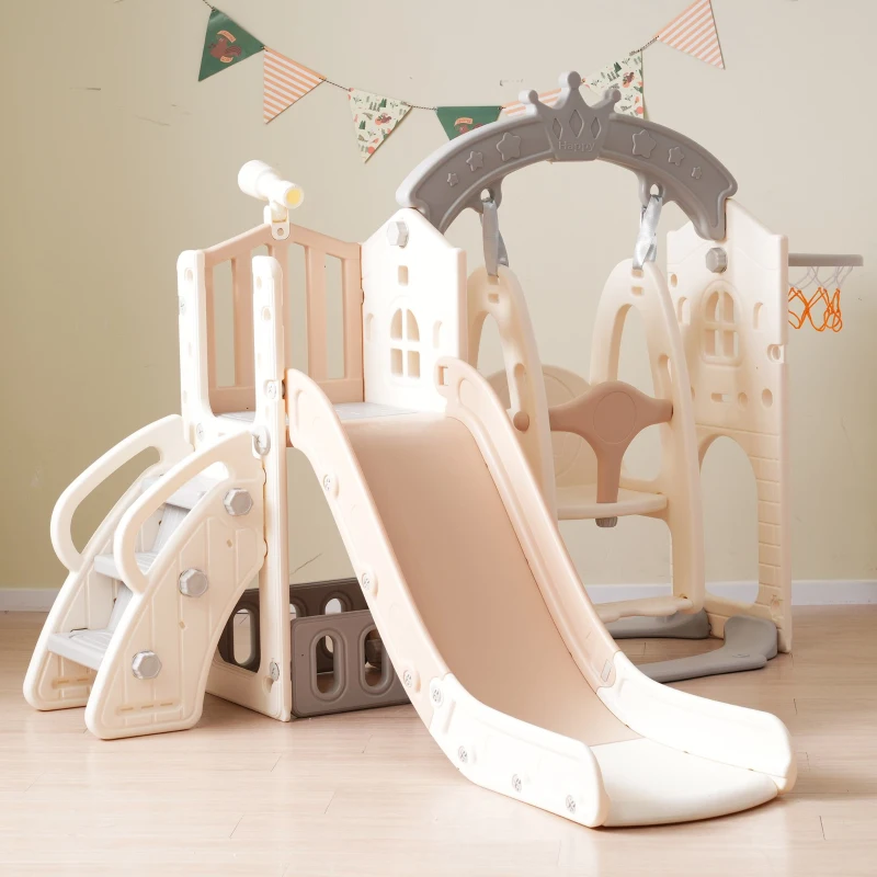 Set da gioco multifunzionale 5-in-1 per bambini con altalena, scivolo, scala da arrampicata, canestro da basket e telescopio, con box di stoccaggio integrato, 157×145,5×121 cm,Marrone + Bianco Antico