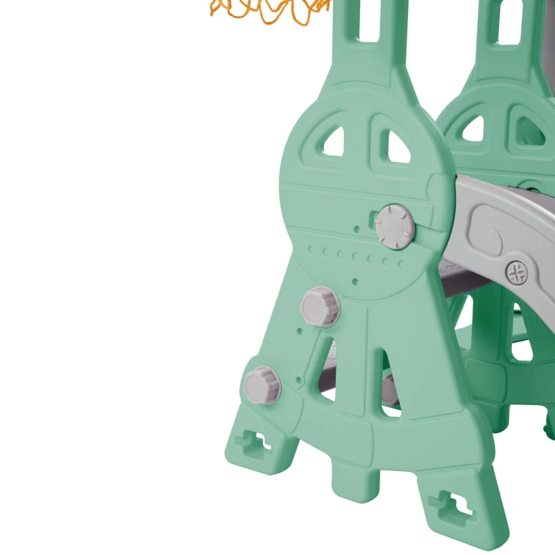 Toboggan 4-en-1 pour enfants avec balançoire, panier de basket et échelle de grimpe, toboggan de jardin pour intérieur et extérieur, 140×118×102 cm, Vert