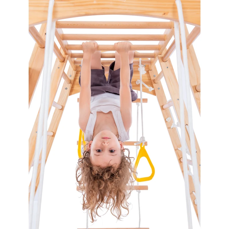 Cadre d'escalade multifonctionnel 7 en 1, balançoire, échelle de corde, toboggan, filet, pierres d'escalade, anneaux, maison de tente, 140×120×120 cm, Naturel