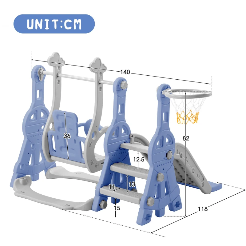 Toboggan 4-en-1 pour enfants avec balançoire, panier de basket, échelle de grimpe, toboggan de jardin pour intérieur et extérieur,140×118×102 cm, Bleu