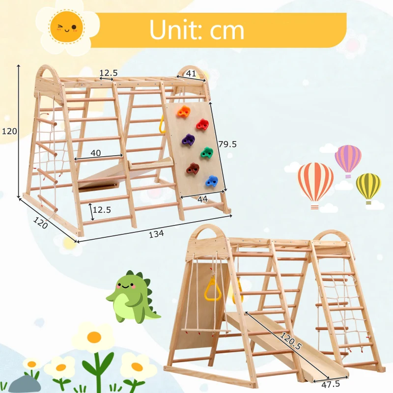 Cadre d'escalade multifonctionnel 7 en 1, échelle de corde, toboggan, filet, prises d'escalade, anneaux, maison-tente, 134×120×120 cm, Naturel