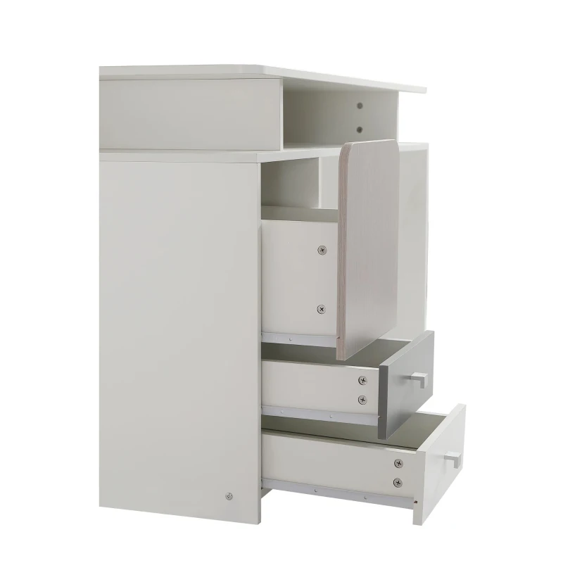 Scrivania, tavolo studio, con tre cassetti e soppalco,121×53,5×81 cm,  Bianco