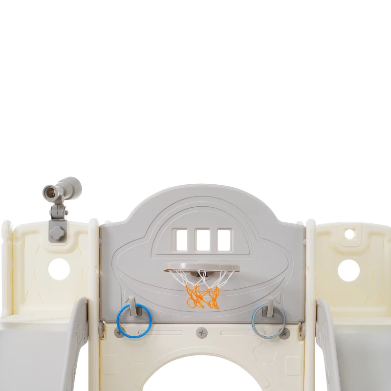 8-in-1 Scivolo per Bambini, Gioco da Arrampicata Multifunzionale con 2 Scivoli, Scala da Arrampicata, Canestro da Basket, Gioco del Lazo, Binocolo, Armadietti, 200×165×95 cm,Grigio antico bianco