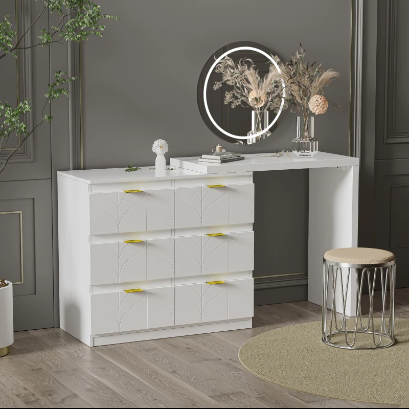Coiffeuse avec table d'appoint, plateau pivotant (180°), sans miroir ni tabouret, Doré + Blanc