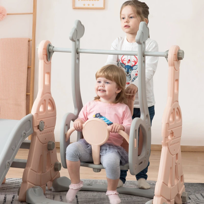 Toboggan 4-en-1 pour enfants avec balançoire, panier de basket et échelle de grimpe, toboggan de jardin pour intérieur et extérieur, ,140×118×102 cm, Rose