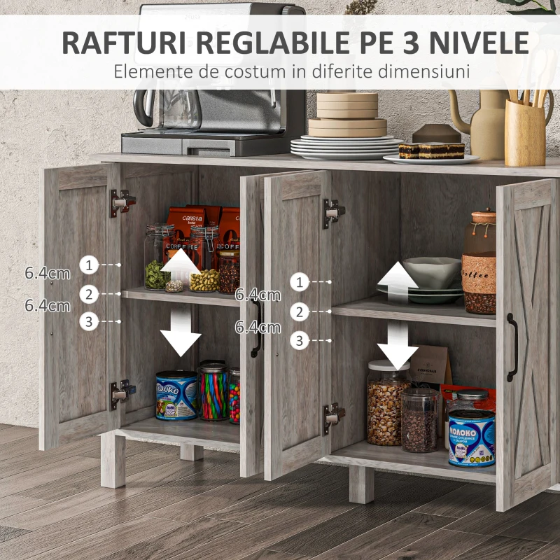 HOMCOM Dulap în Stil Rustic cu 2 Rafturi Reglabile pentru Depozitare, Dulap pentru TV cu 4 Uși, 120x37x75 cm, Gri
