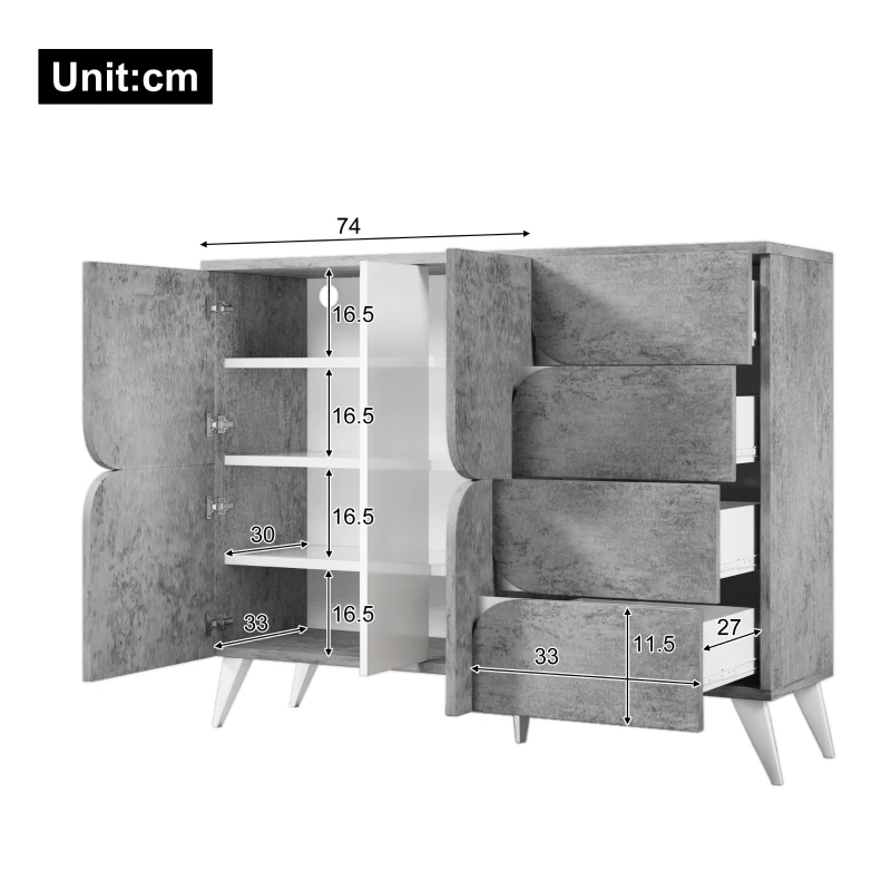 Sideboard mit Schubladen, Kommode mit spezieller Paneelform, moderne Ästhetik, reichlich Stauraum, 120×35,5×94 cm, Grau