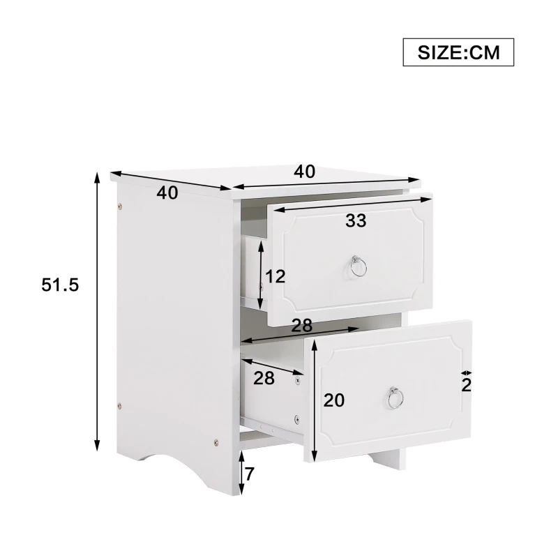 Table de chevet avec 2 tiroirs, glissières silencieuses, bordure embossée, 40×40×51,5 cm, Blanc