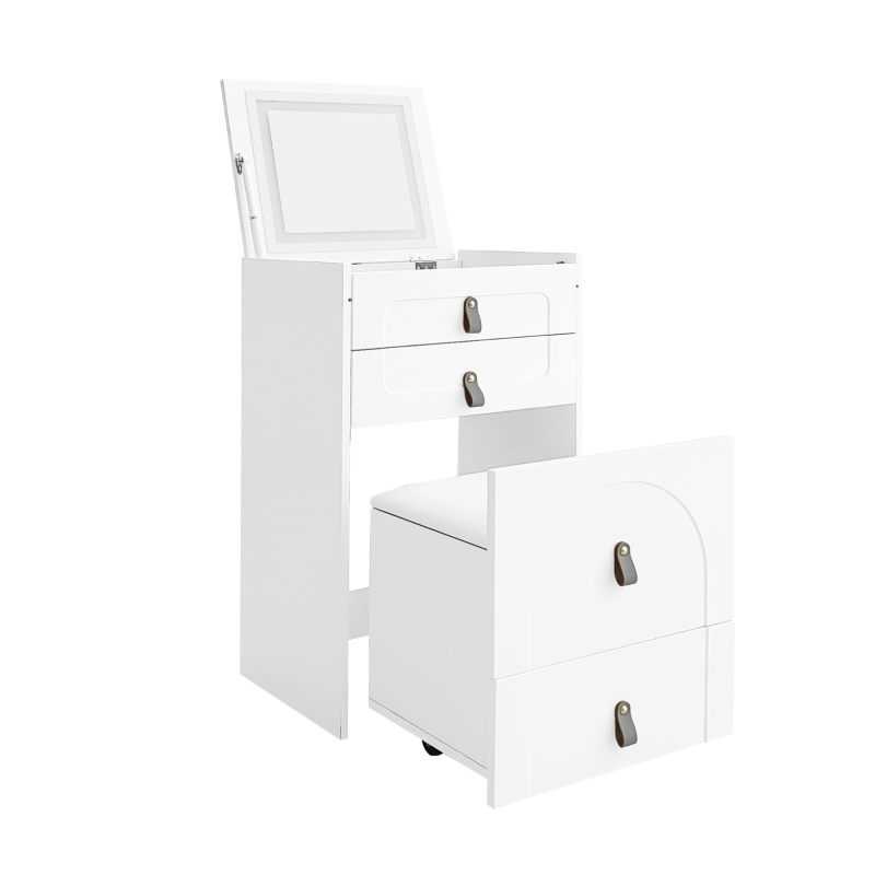 Schminktisch mit LED-Beleuchtung, 3 Schubladen und Spiegel, Multifunktionaler Aufbewahrungshocker, 50×40×115.6 cm, Weiß