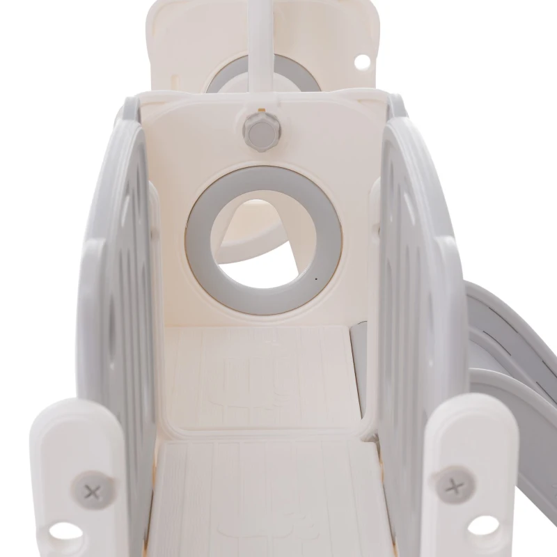 Toboggan pour enfants 7-en-1 avec balançoire, plateforme, placard, jeu de perçage, panier de basket et escalier, 215×150×106 cm, Gris+Blanc