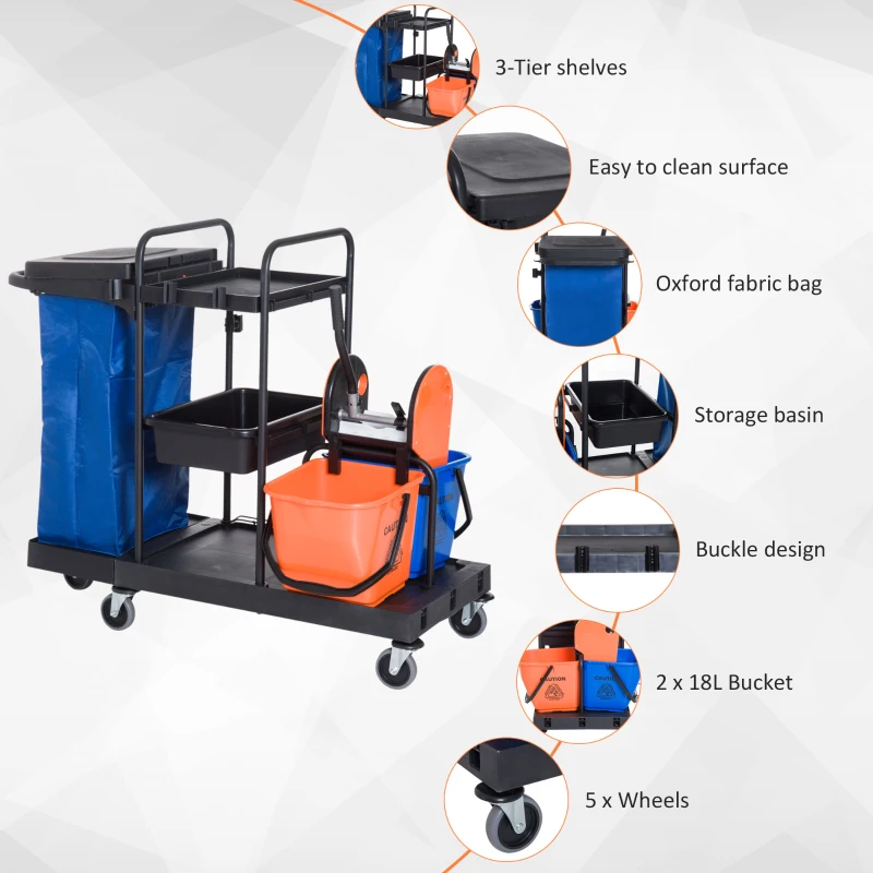 HOMCOM Wózek do sprzątania Wózek sprzątający Wózek do mycia Wózek systemowy z 4 kółkami 2 wiadrami 18 l