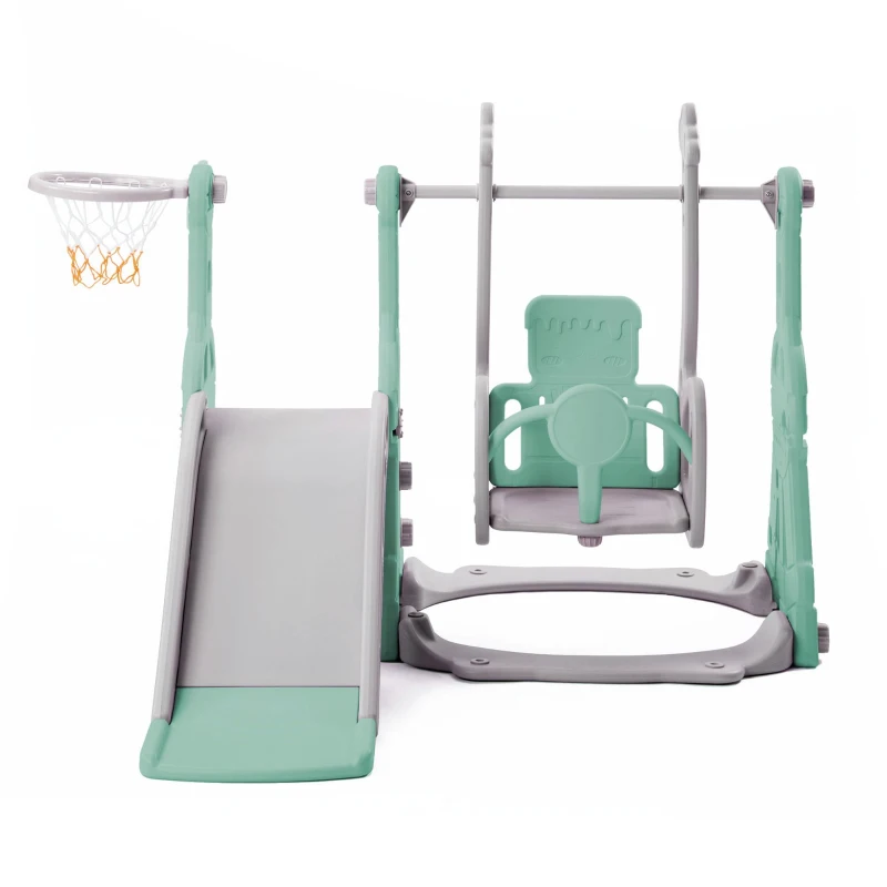 Toboggan 4-en-1 pour enfants avec balançoire, panier de basket et échelle de grimpe, toboggan de jardin pour intérieur et extérieur, 140×118×102 cm, Vert