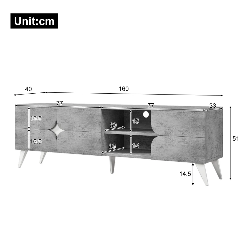 TV-Schrank mit offenen Fächern, viel Stauraum und Kabelmanagement, 160×40×51 cm, Grau