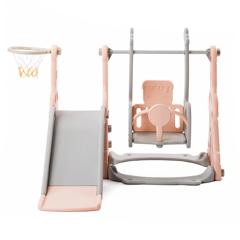 Toboggan 4-en-1 pour enfants avec balançoire, panier de basket et échelle de grimpe, toboggan de jardin pour intérieur et extérieur, ,140×118×102 cm, Rose