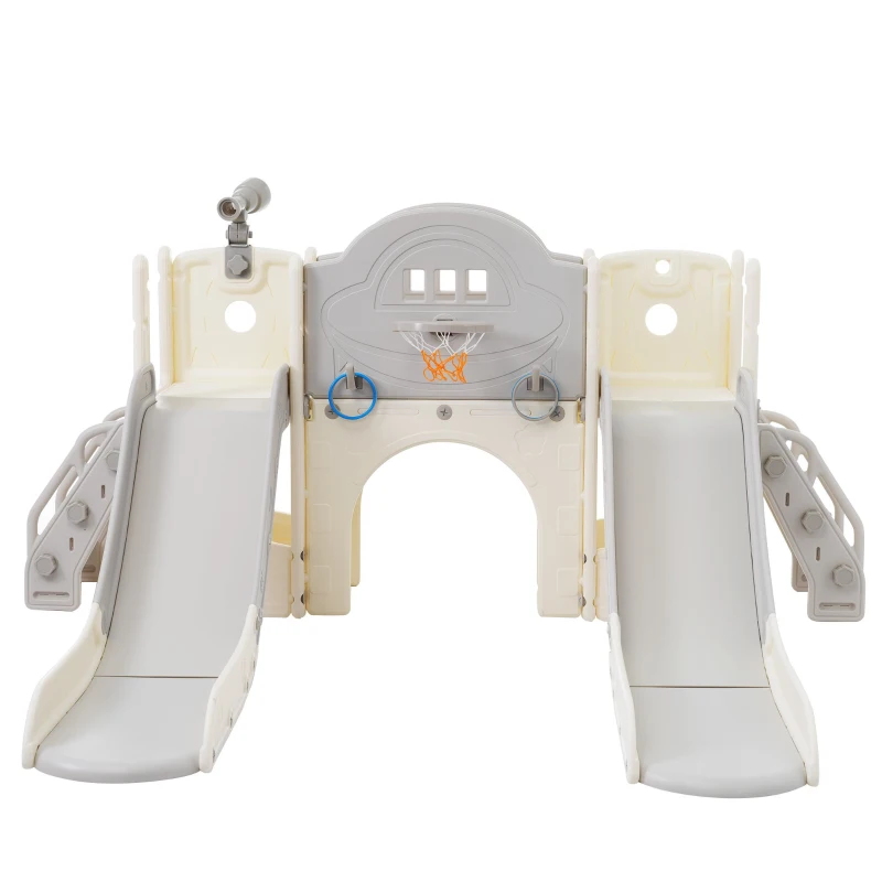 Toboggan multifonction 8-en-1 pour enfants, toboggan avec 2 glissières, échelle de grimpe, panier de basket, jeu de lasso, jumelles,200×165×95 cm, Gris blanc antique