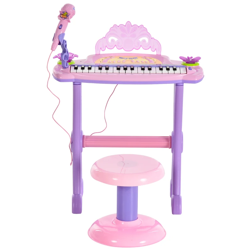 HOMCOM Piano Eléctrico Infantil 32 Teclas Piano Infantil com Microfone Banquinho Luzes Ritmos Sons MP3 Karaoke  Rosa