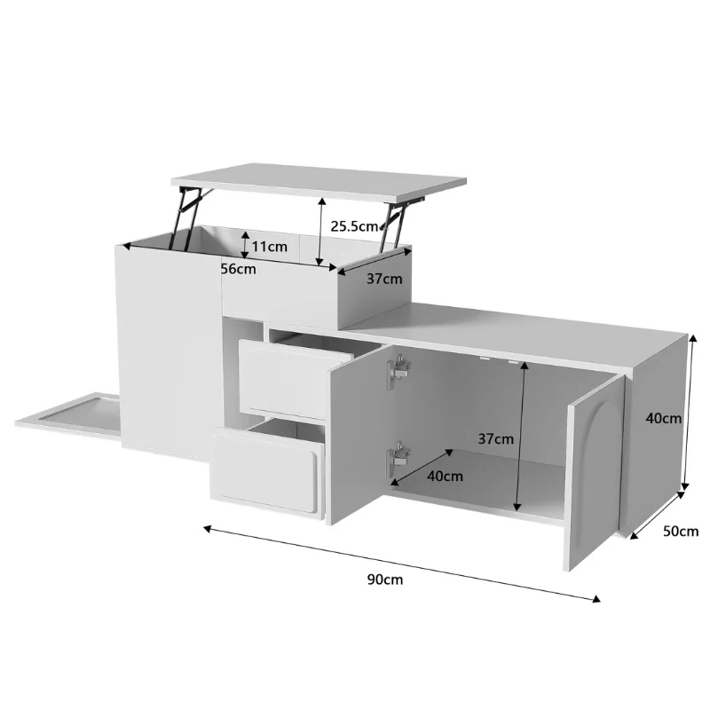 Multifunktionaler Seitenschrank mit 2 Schubladen, höhenverstellbarem Tisch mit 16-farbig einstellbarer Beleuchtung und Glasregalen, Weiß