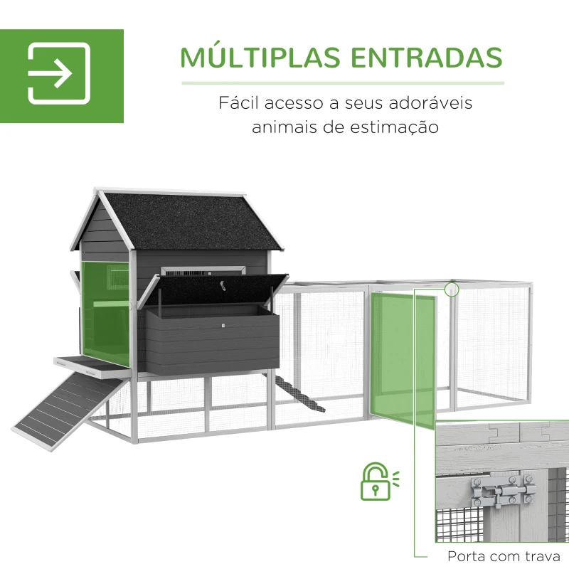 PawHut Galinheiro de Exterior Gaiola de Madeira Grande para 8-10 Galinhas com 2 Ninhos Bandeja Amovível e Rampa 347x160x150 cm Cinza