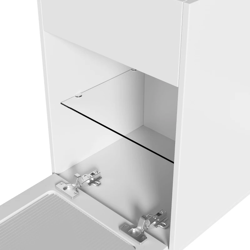 Multifunktionaler Seitenschrank mit 2 Schubladen, höhenverstellbarem Tisch mit 16-farbig einstellbarer Beleuchtung und Glasregalen, Weiß