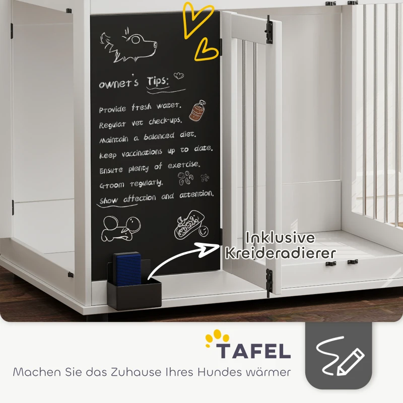 PawHut Hondenkooi met opbergplank voor speelgoed, haken voor lijnen, Krijtbord, Gum, voor grote honden, Wit(m-7)