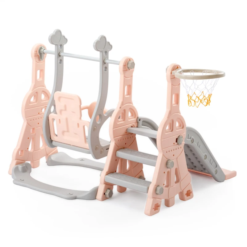 Toboggan 4-en-1 pour enfants avec balançoire, panier de basket et échelle de grimpe, toboggan de jardin pour intérieur et extérieur, ,140×118×102 cm, Rose