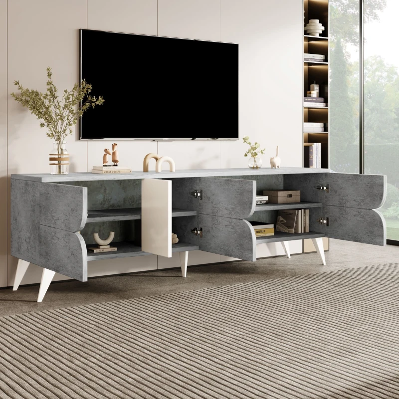 TV-Schrank mit offenen Fächern, viel Stauraum und Kabelmanagement, 160×40×51 cm, Grau