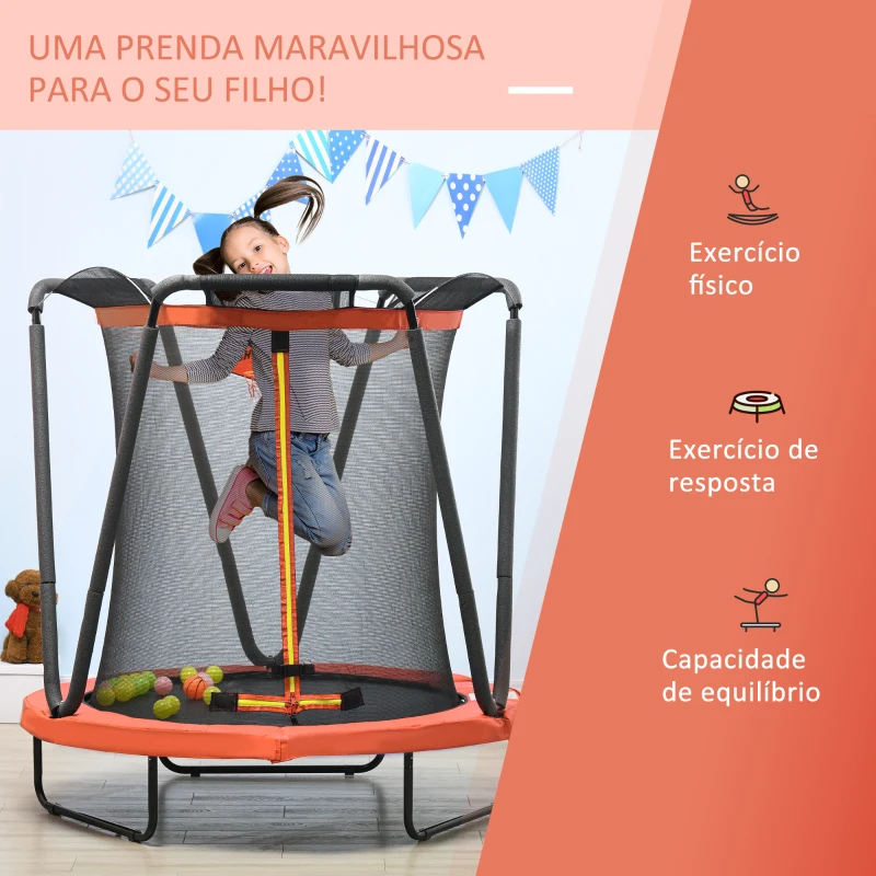 ZONEKIZ Trampolim Infantil Ø140x155 cm Trampolim para Crianças de 3-10 Anos com Cesta de Basquetebol e 20 Bolas de Plástico Vermelho