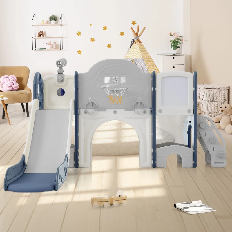 10-en-1 Toboggan pour enfants, Jouet d'escalade multifonction, Toboggan avec échelle d'escalade, Panier de basket, Jeu de golf, Jeu de lasso, Tableau de dessin, Rangement, Jumelles,172×165×95 cm, Bleu Antique