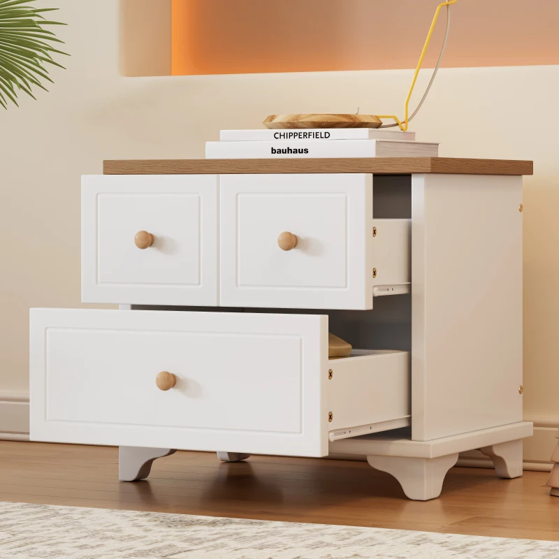 Nachttisch mit 2 Schubladen, geräuschlosen Gleitern, Schön gearbeitete Füße, Stauraum im Wohnzimmer und Schlafzimmer, MDF+Spanplatte, 60×40×51.5 cm, Weiß+Natur