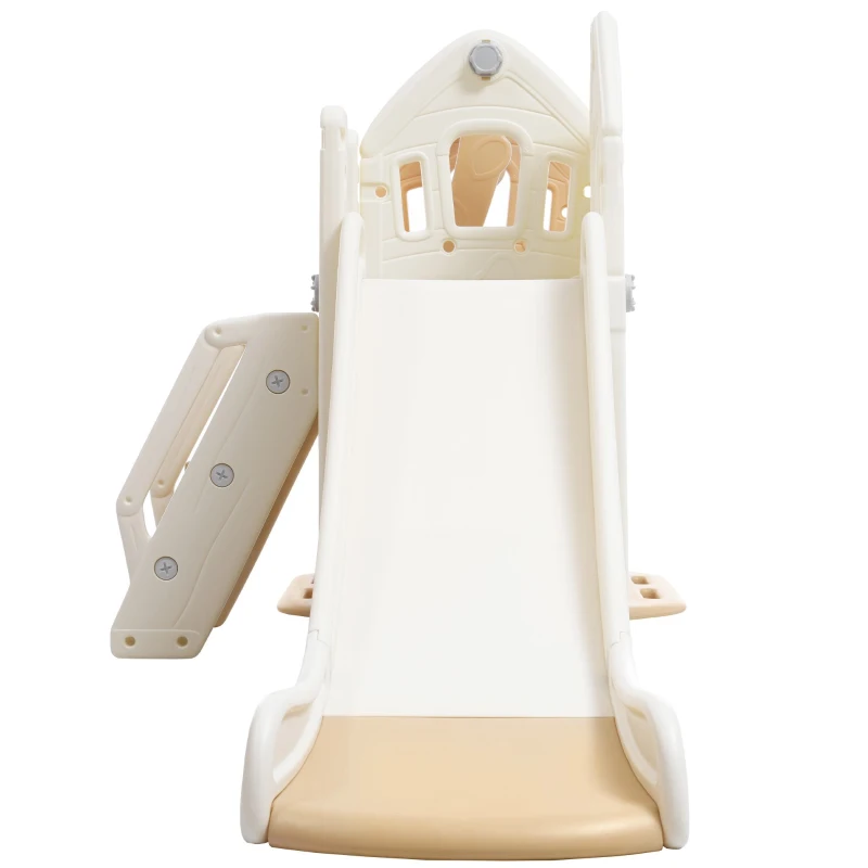 Toboggan 5-en-1 pour enfants avec balançoire, structure d'escalade, panier de basket et espace de rangement, 179×184×103 cm, Marron+Blanc