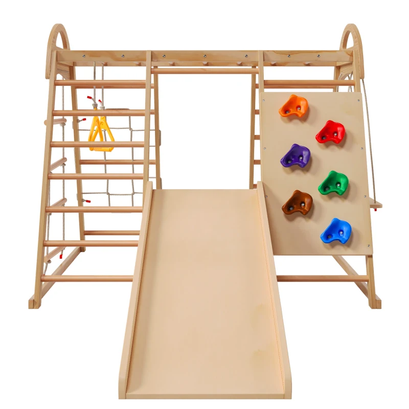 Struttura da arrampicata multifunzionale 7-in-1, altalena, scala da arrampicata, scivolo, rete, pietre da arrampicata, anelli, casetta tenda, 134×120×120 cm, Naturale