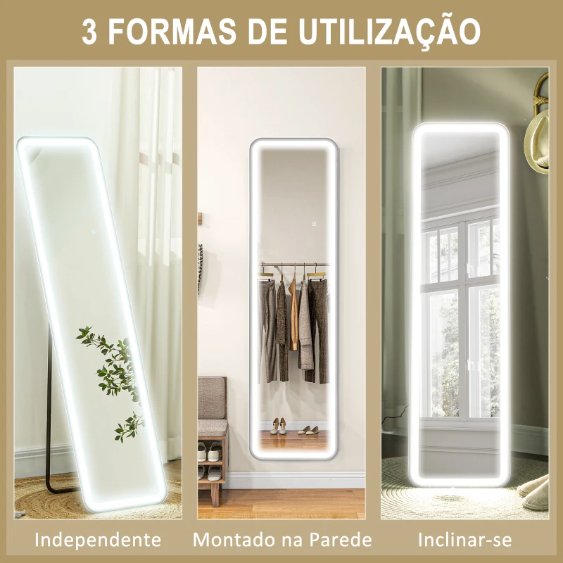 HOMCOM Espelho de Pé com Luz LED com Iluminação de 3 Cores Função de Memória e Controlo Tátil Inteligente 40x3x150 cm Preto