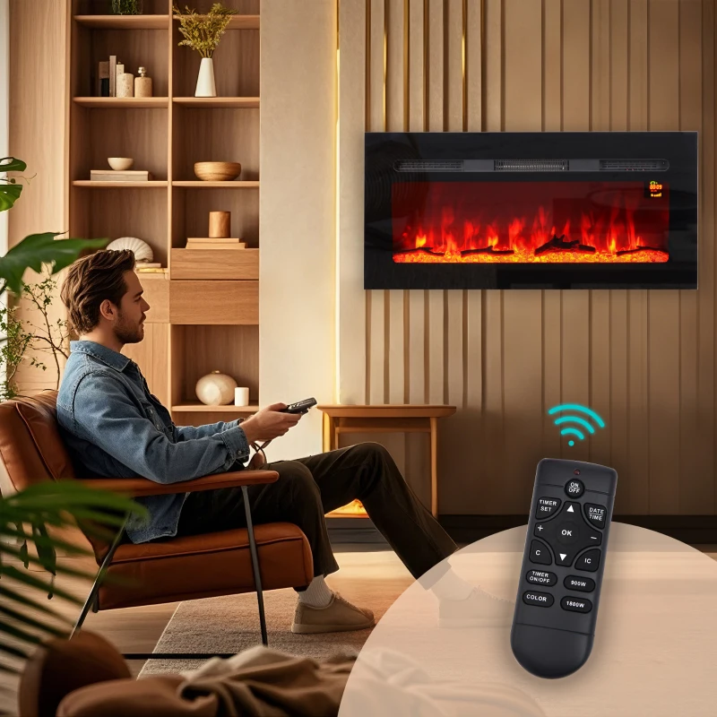 HOMCOM Elektrischer Kamin mit Wandhalterung und Fernbedienung, künstliche Holzscheite und Kristalle, 1800W Leistung, Schwarz