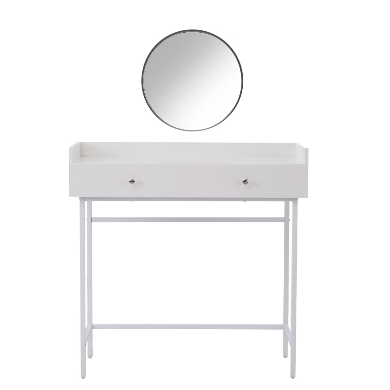 Coiffeuse avec miroir et 1 tiroir, 4 pieds en métal, style minimaliste, 95×40×93 cm, Blanc