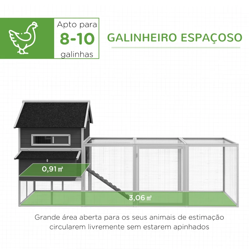 PawHut Galinheiro de Exterior Gaiola de Madeira Grande para 8-10 Galinhas com 2 Ninhos Bandeja Amovível e Rampa 347x160x150 cm Cinza