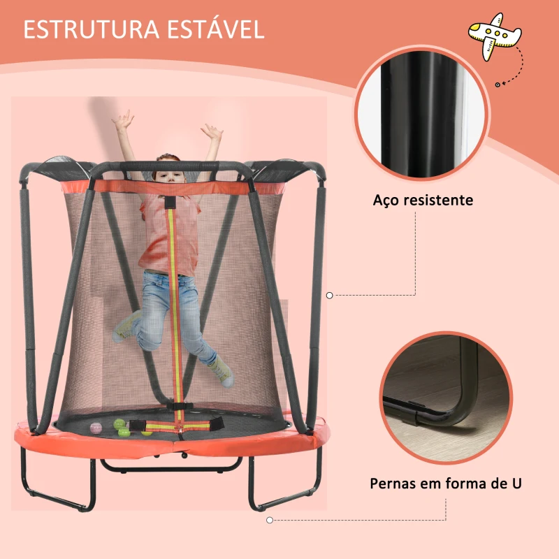 ZONEKIZ Trampolim Infantil Ø140x155 cm Trampolim para Crianças de 3-10 Anos com Cesta de Basquetebol e 20 Bolas de Plástico Vermelho