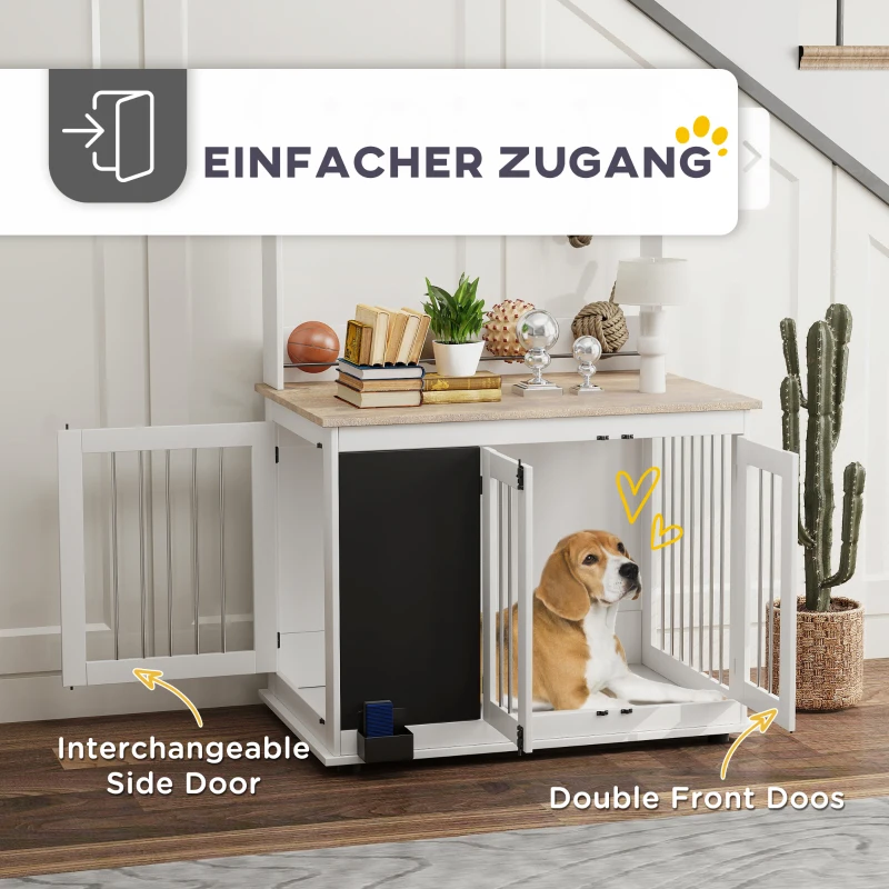 PawHut Hondenkooi met opbergplank voor speelgoed, haken voor lijnen, Krijtbord, Gum, voor grote honden, Wit(m-6)