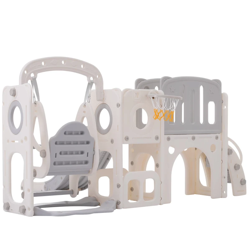 Scivolo per bambini con altalena, piattaforma, armadietto,gioco di perforazione, canestro basket e scala,Grigio+Bianco