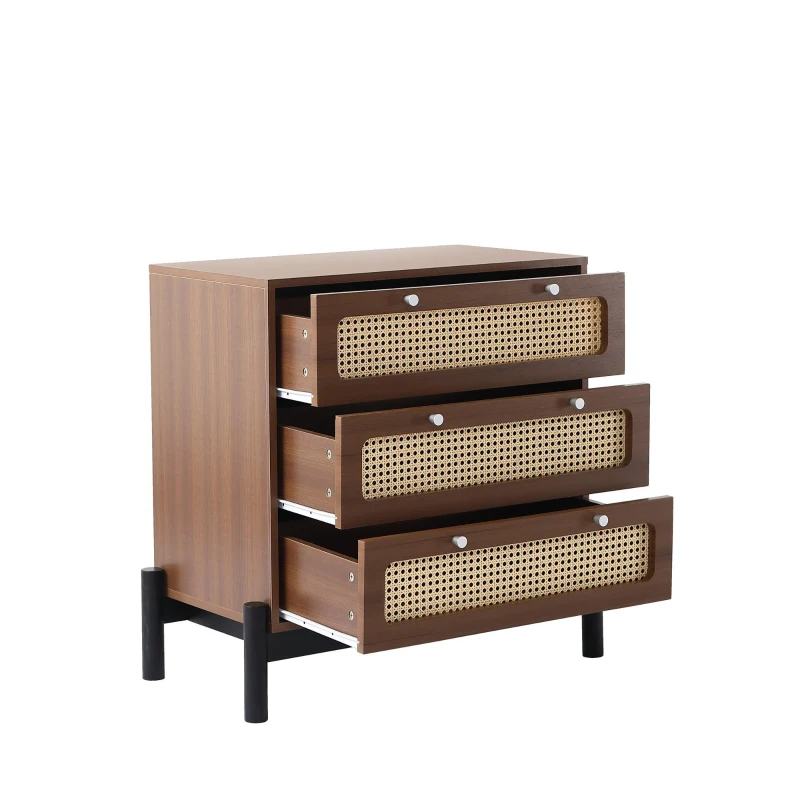 Klassische Kommode mit 3 Schubladen, Nachttisch, Rattan-Schubladenplatte, silberne Metallknöpfe, schwarze Beinrahmen, Kiefer, MDF, PVC-Rattan, 70×40×75 cm, Walnussfarbe