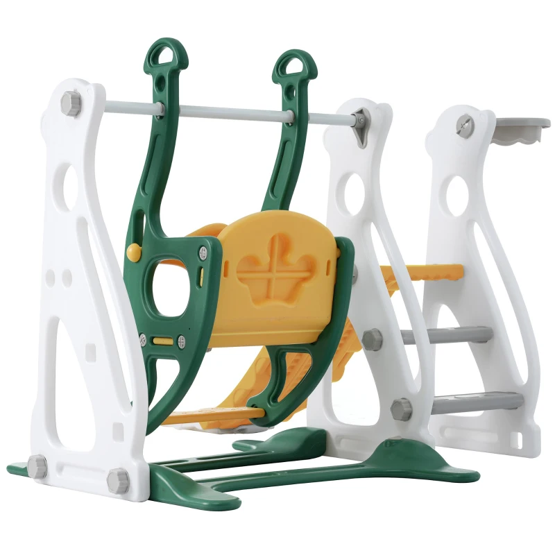 Toboggan pour enfants 4-en-1 avec balançoire, escalier et panier de basket, réglable en hauteur, 113×100×94,5 cm, Vert Antique