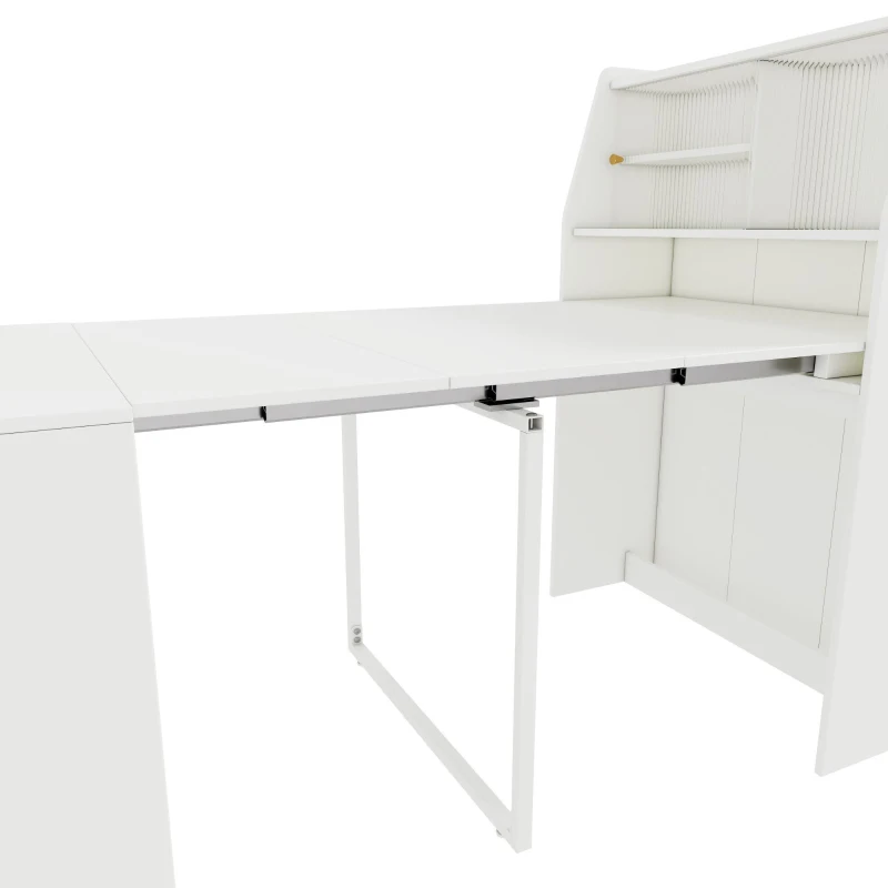 Ausziehbarer Esstisch mit Stauraum, Einweg-Ausziehtisch, Rechteckiger Multifunktionstisch, Esszimmer-Stauschrank, Coffee Lounge Tisch, Platzsparend, 52-132.5L×80B×120Hcm, Weiß