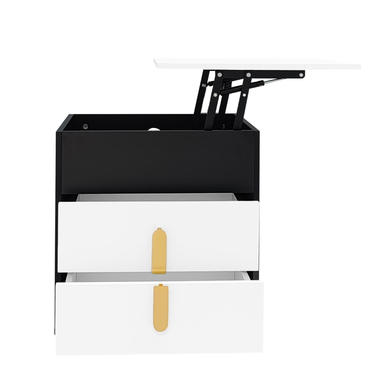Nachttisch mit USB-Ladeschnittstelle, anhebbarer Tisch, bewegliches Riemenscheiben-Design, zwei Schubladen, 74×40.2×71cm, Schwarz+weiß