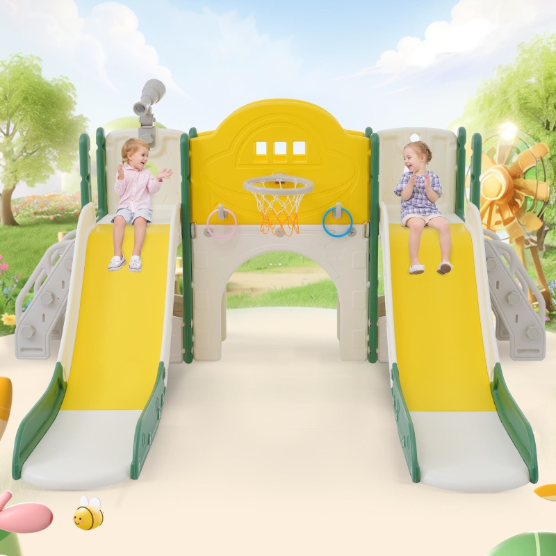 Toboggan 6 En 1 Pour Enfants Avec Balançoire, Portique,Télescope, Toboggan, Support De Basket Espace De Rangement Bleu